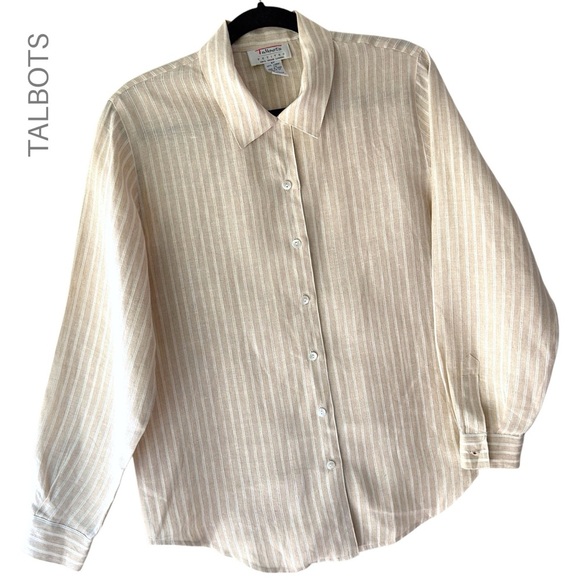 TALBOTS | NWOT IRISH LINEN BUTTON FRONT SHIRT LONG SLEEVE STRIPES | 8 PETITE - Picture 1 of 10